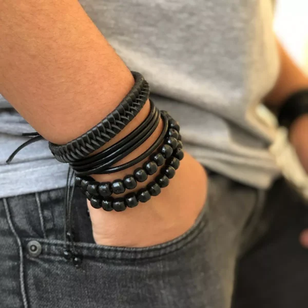 Kit Pulseiras Masculinas Couro Bolinhas - Imagem 3