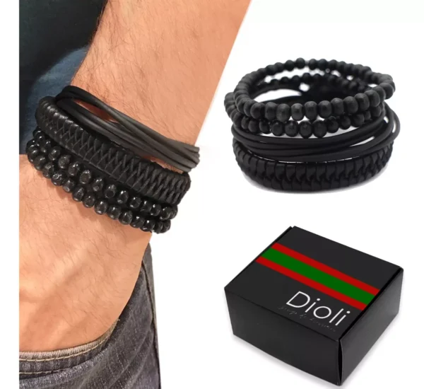Kit Pulseiras Masculinas Couro Bolinhas